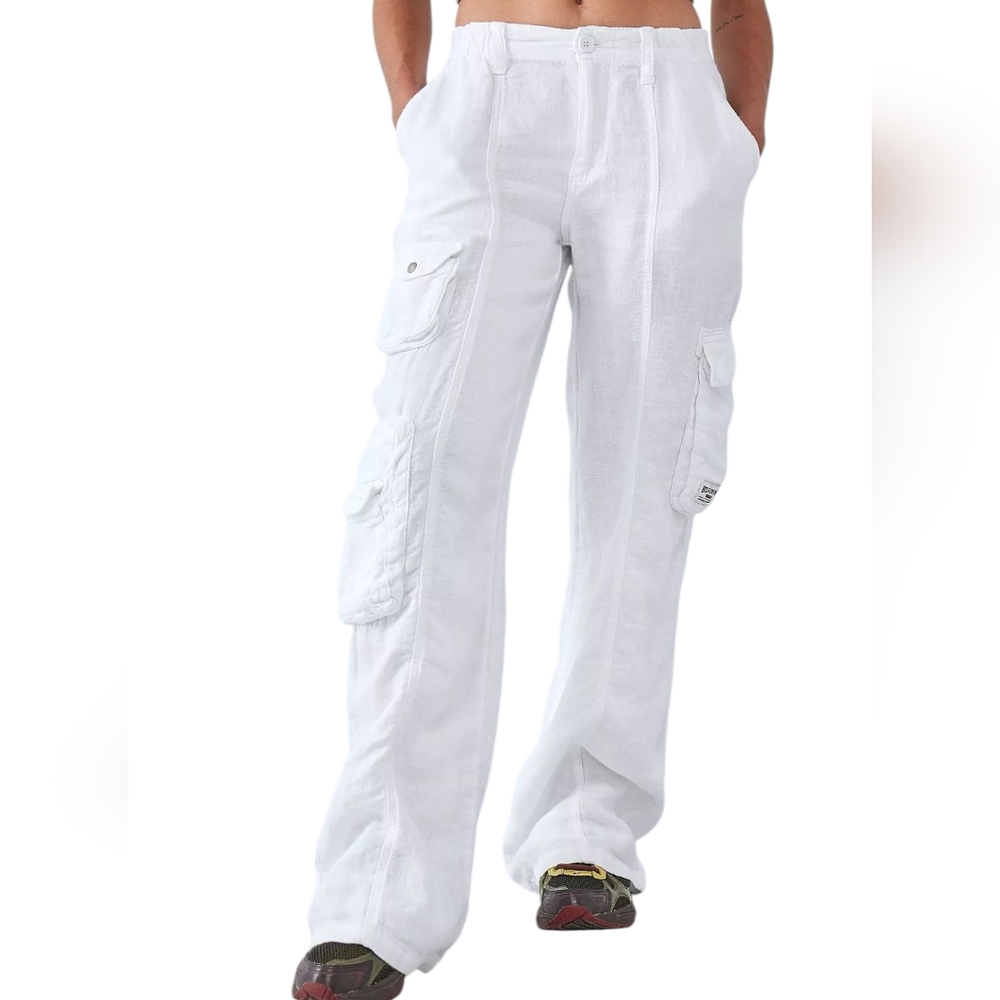 BDG White Linen Multi Pocket Cargo Pants Slouchy Baggy Indie Boho Grunge XXS - Picture 15 of 16